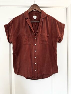 Rust Brown Metallic Pinstripe Button Up Blouse Cuff Sleeve Size Medium